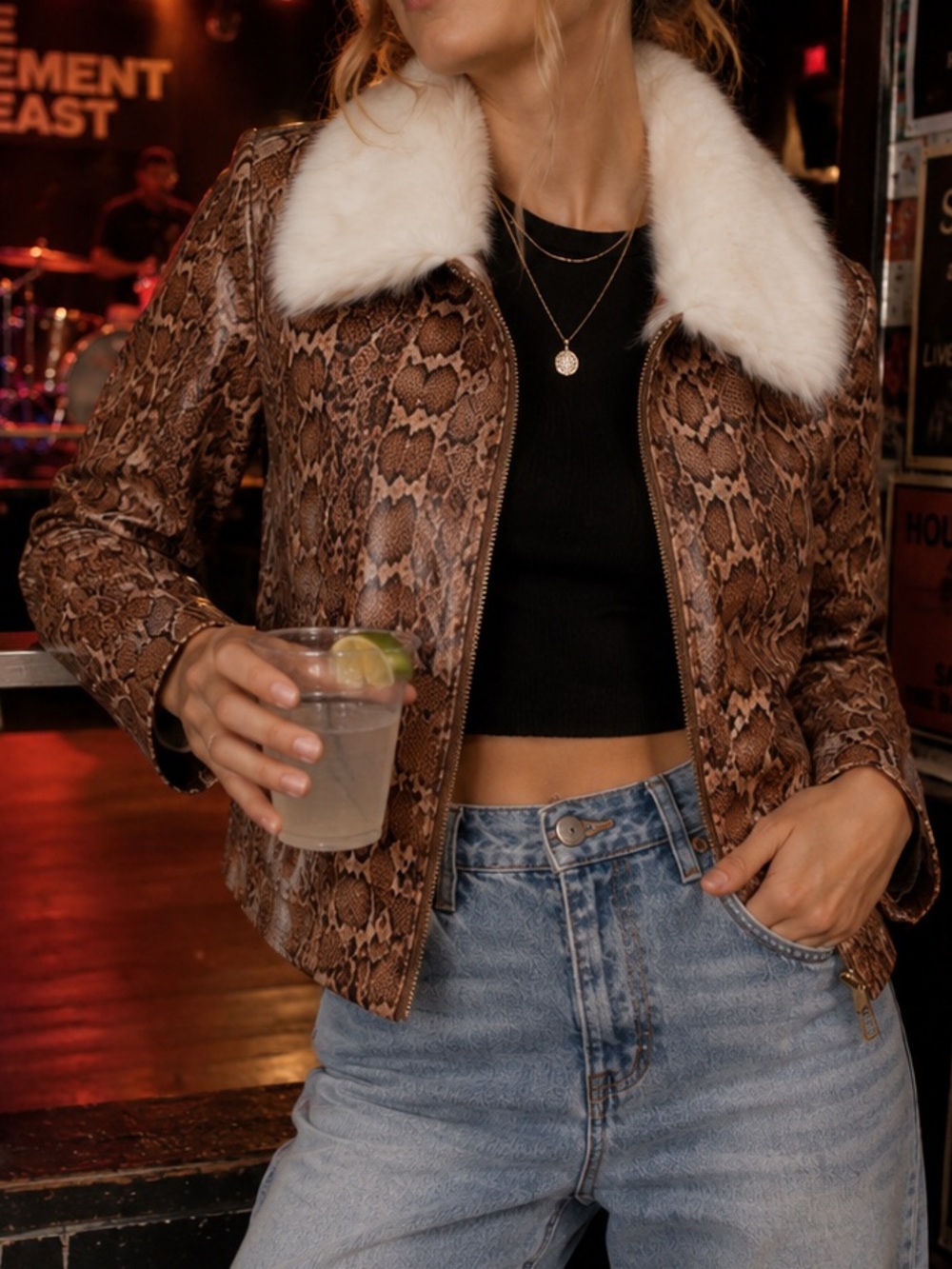 Free People Snake Print Teddy Jacket with Faux Fur Collar